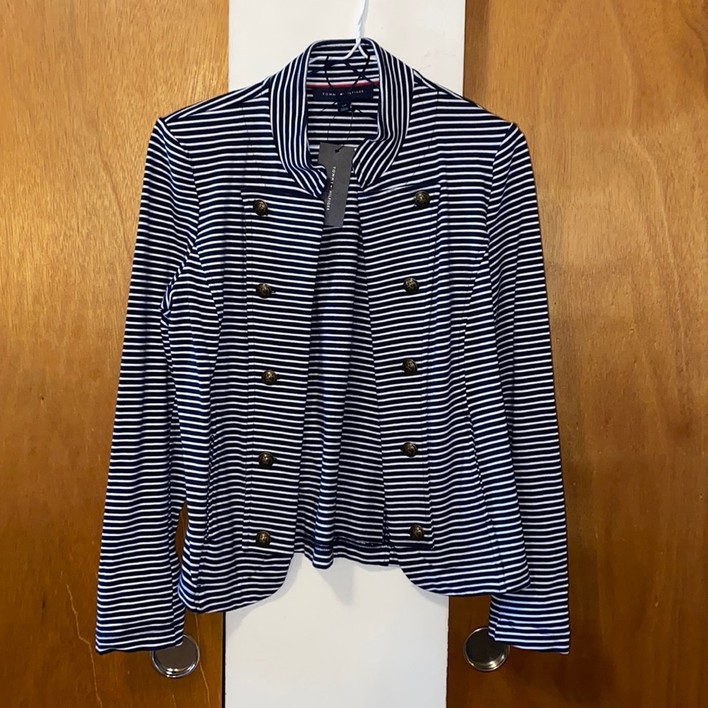 🌊 NWT Tommy Hilfiger Navy & White Striped Military Jacket/Blazer